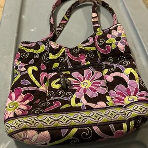 Vera Bradley Brown Quilted Floral Tote with Pink & Lime Accents